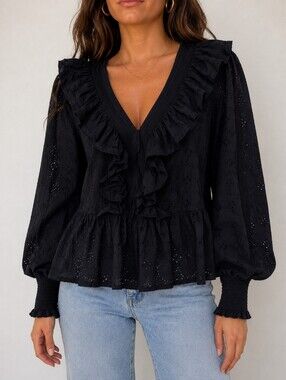 Y.A.S Black 100% Cotton Eyelet Ruffle Blouse Broderie Anglaise Romantic Boho S